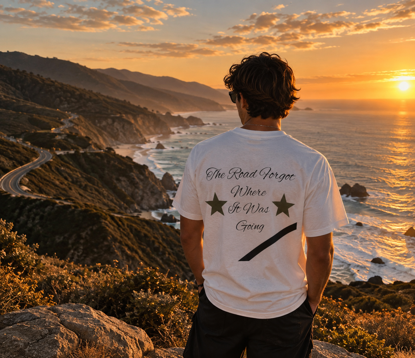 Back of the Wrong Exit tee overlooking the Big Sur coastline at sunset