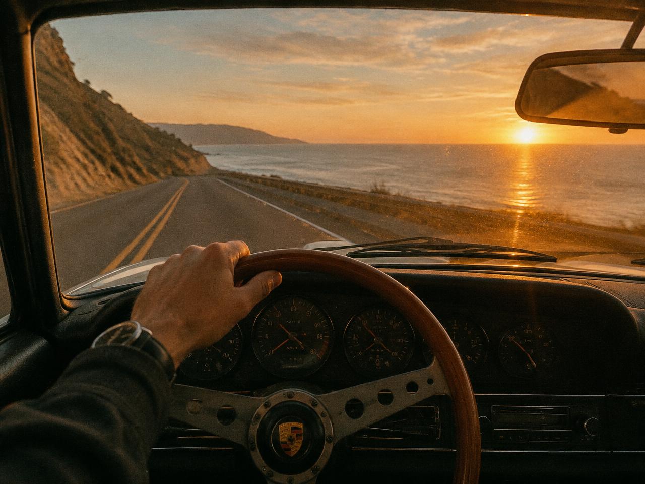 Driving a vintage sports car along the coast at sunset