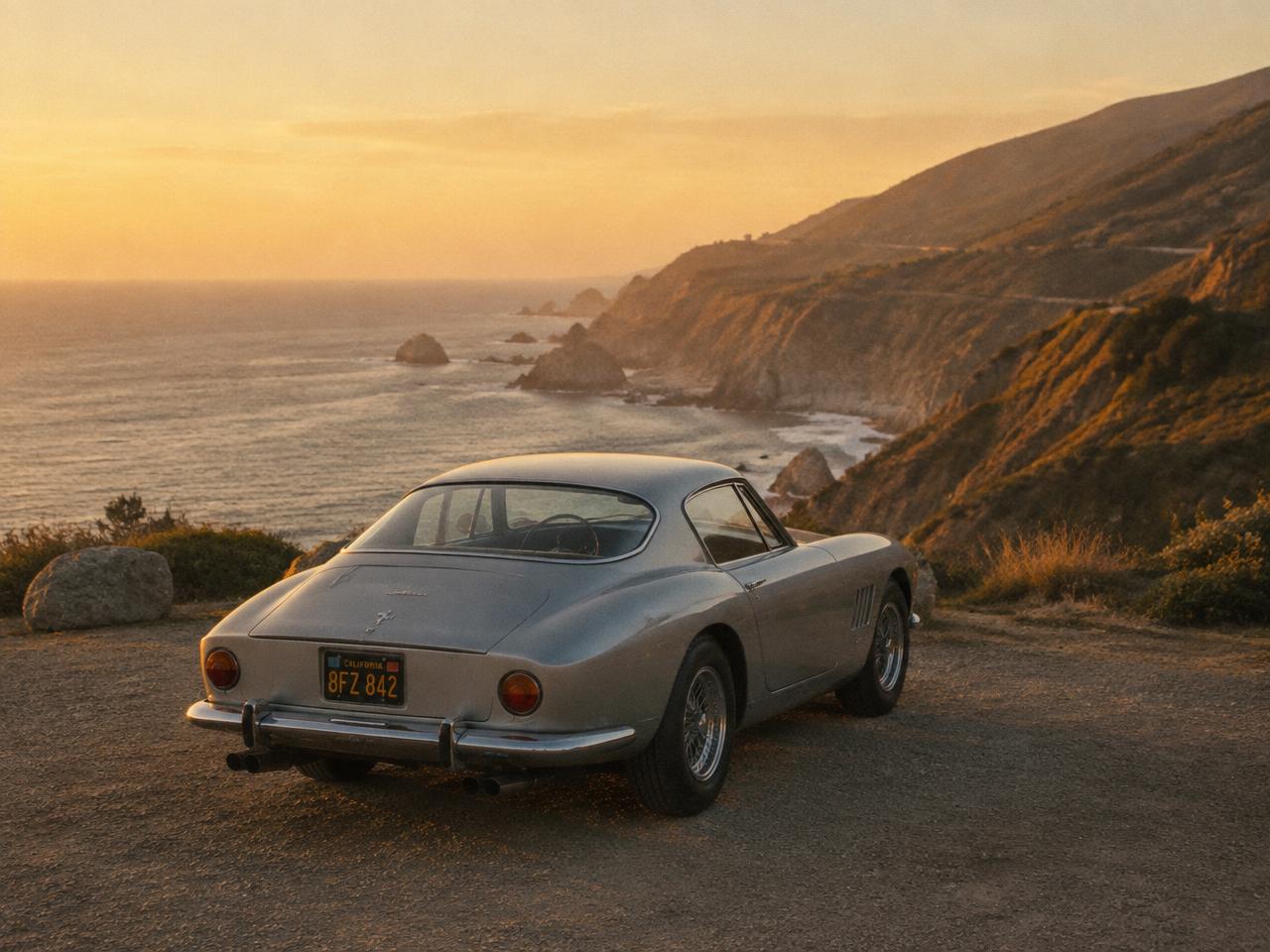 Vintage sports car parked at a coastal pull-off
