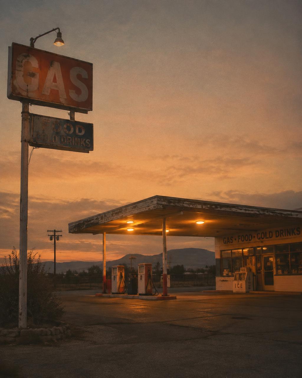 Vintage roadside gas station at dusk
