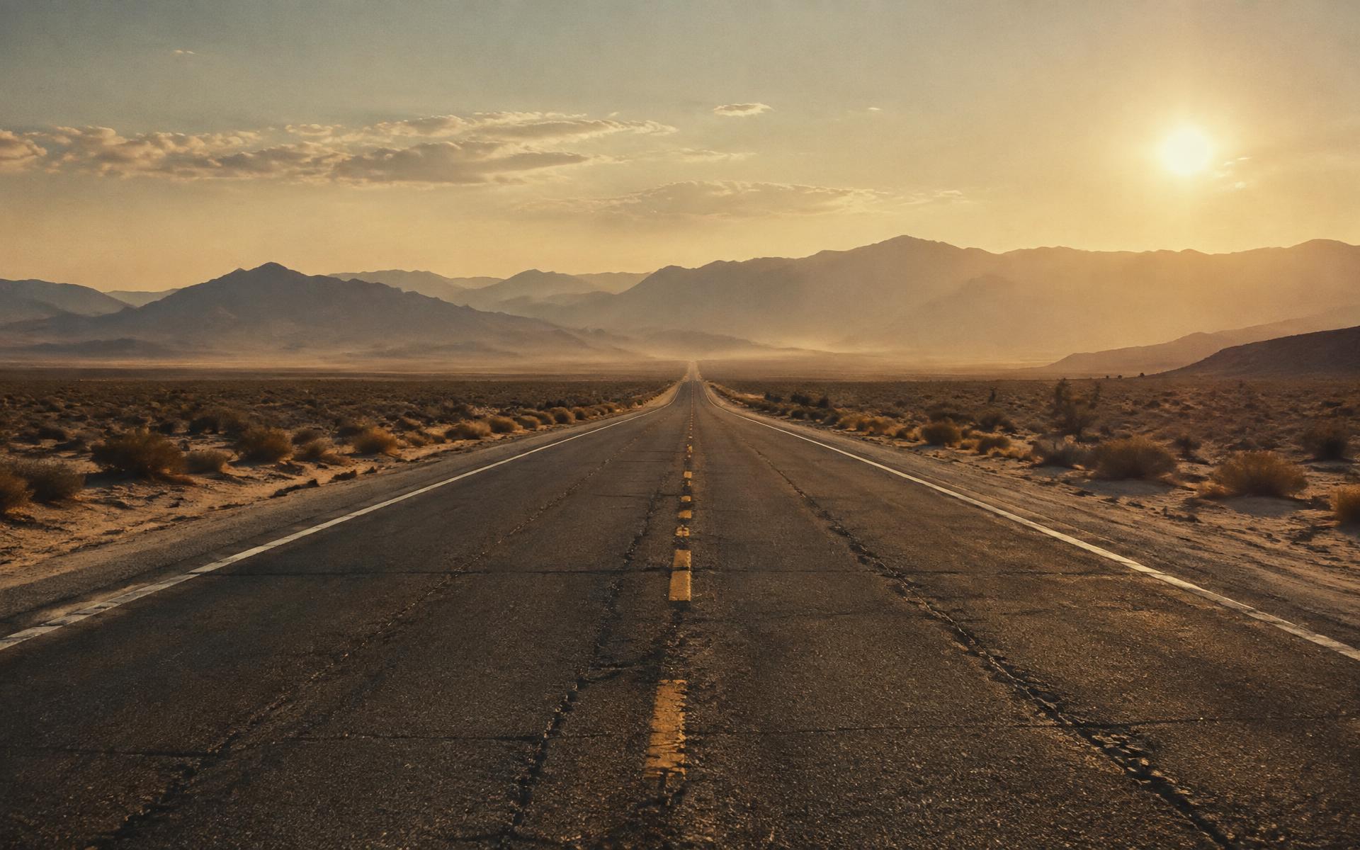 Empty highway running toward distant mountains at sunset